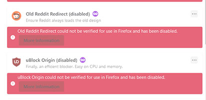 addon could not be verified for use in Firefox and has been disabled
